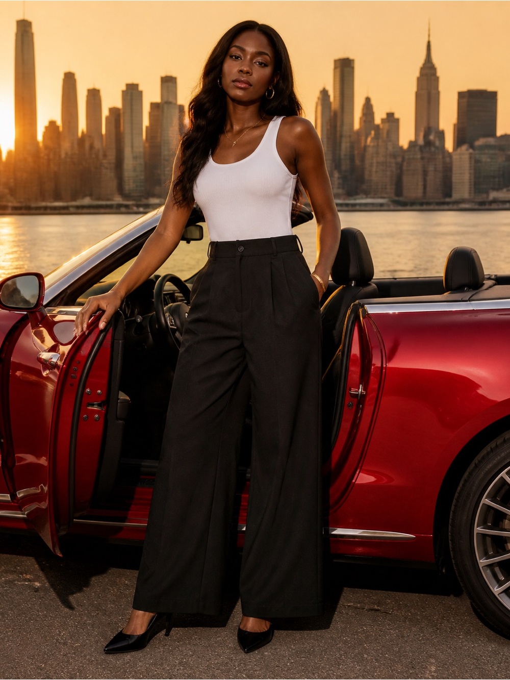 Black Wide Leg Dress Pants Women’s M – Elastic Back Waist, Button & Zip Front